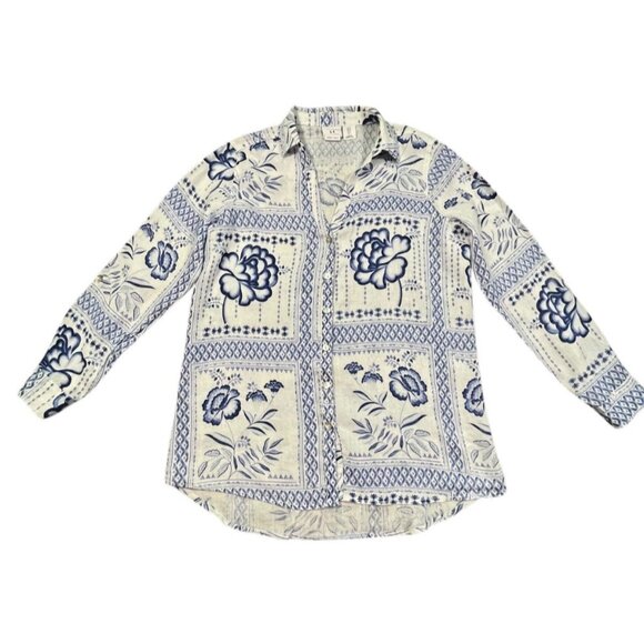 H by Halston Women’s Small Linen Blue White Floral Blouse - Picture 4 of 9
